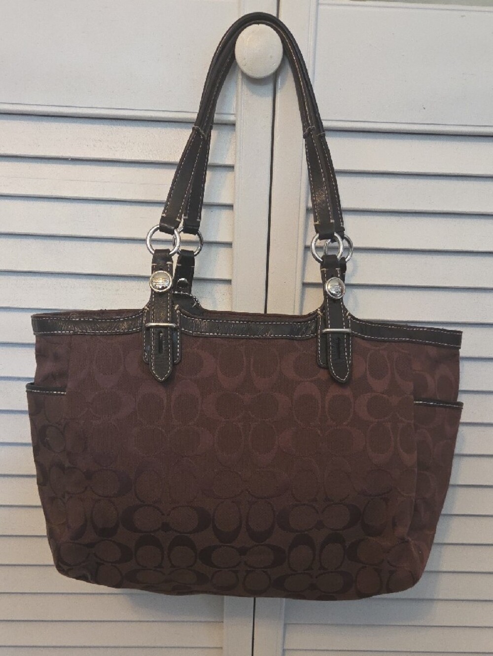 COACH Brown Signature Jacquard Tote with Leather Trim - Picture 5 of 9
